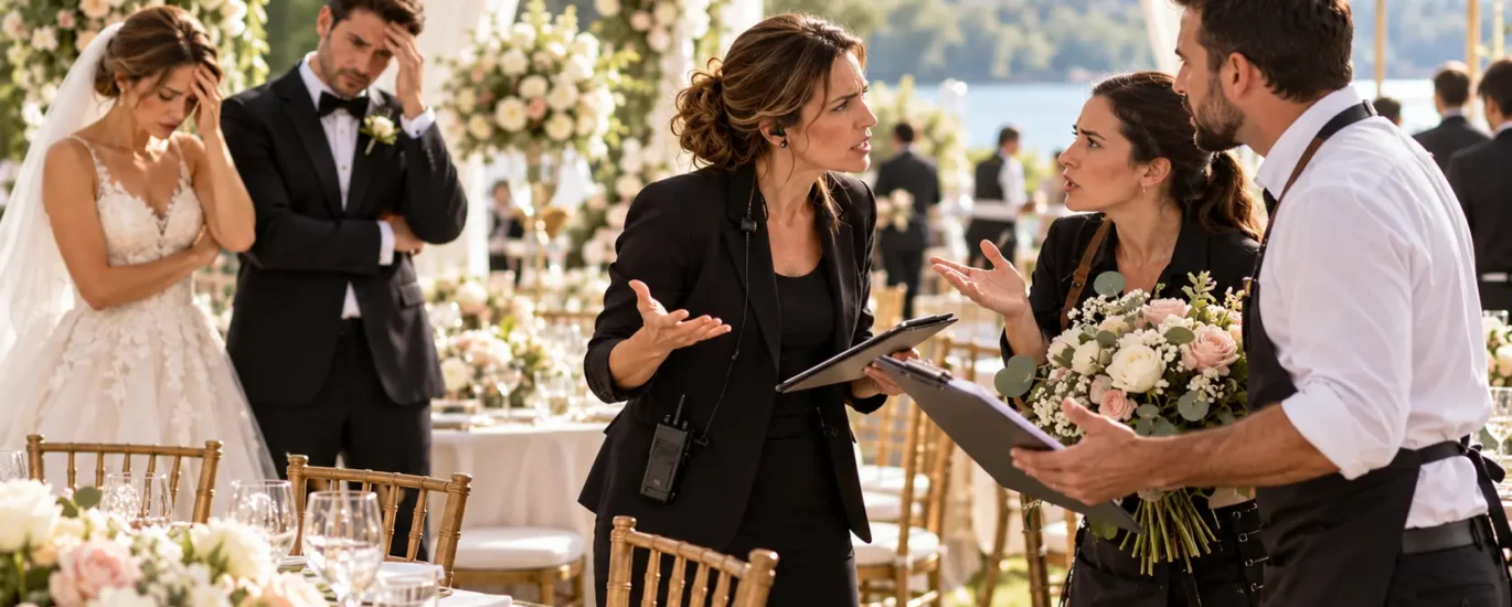 Wedding planner arguing with vendors at an outdoor wedding reception as the bride and groom look distressed.