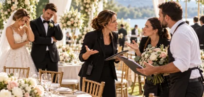 Wedding planner arguing with vendors at an outdoor wedding reception as the bride and groom look distressed.