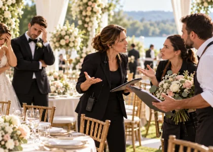 Wedding planner arguing with vendors at an outdoor wedding reception as the bride and groom look distressed.